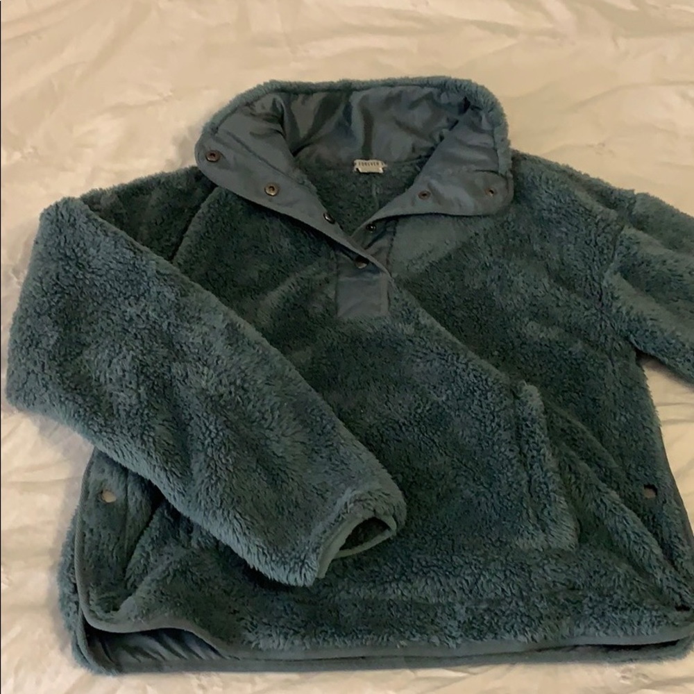 Fuzzy Teal Buttoned Pullover Sweatshirt- S